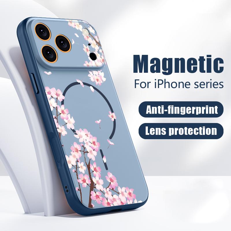 Pink Peach Blossoms Floral Pattern For iPhone 17 Pro Max Funda iPhone 16 15 14 13 Pro Max Skin Feeling Magnetic For Magsafe Shockproof Bumper Cover