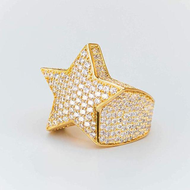 Milangirl New Hip Hop Rock Five Star Rings Men Luxury Gold Silver Color Rhinestones Zircon Pentagram Rings Women Wedding Party