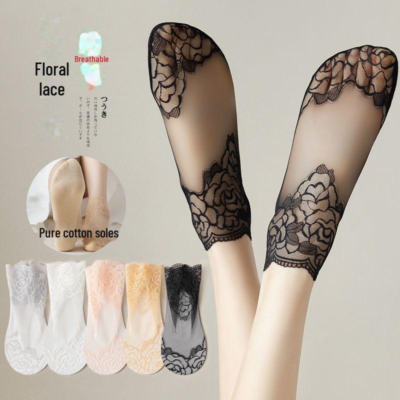 Women's Summer Rose Lace Cotton Socks - Black, Breathable, Thin, Short Stockings