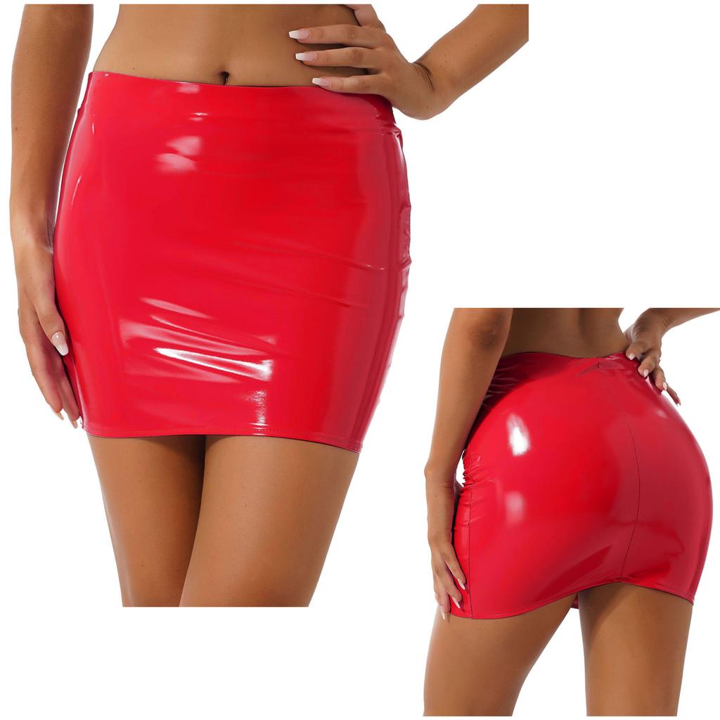 Women Sexy Skirts Glossy Patent Leather Miniskirt Solid Color Elastic Waistband Pencil Skirt Shiny Wet Look Latex Skirt Clubwear