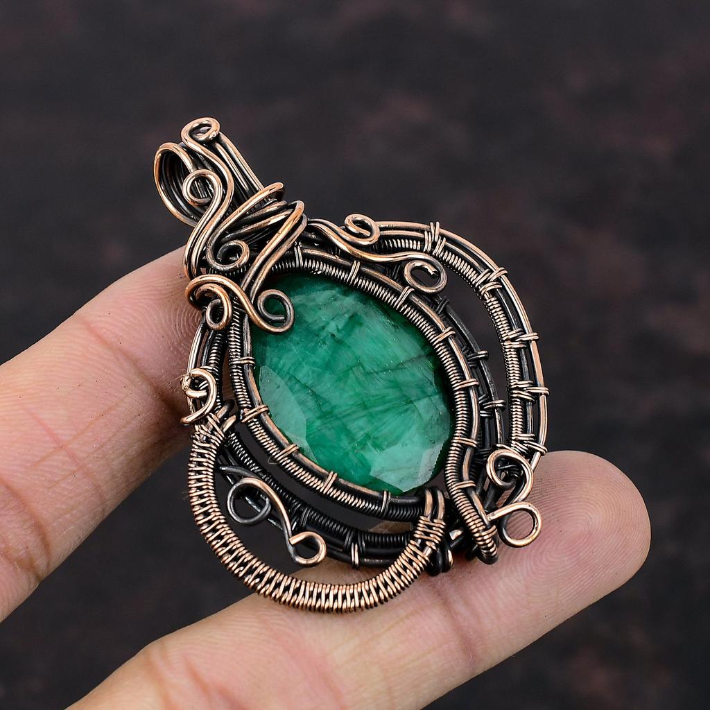 Кулон с ограненным замбийским изумрудом, обернутый медной проволокой, подвеска ручной работы, обернутая медной проволокой, ювелирное изделие в подарок для нее, ювелирные изделия из натуральных драгоценных камней