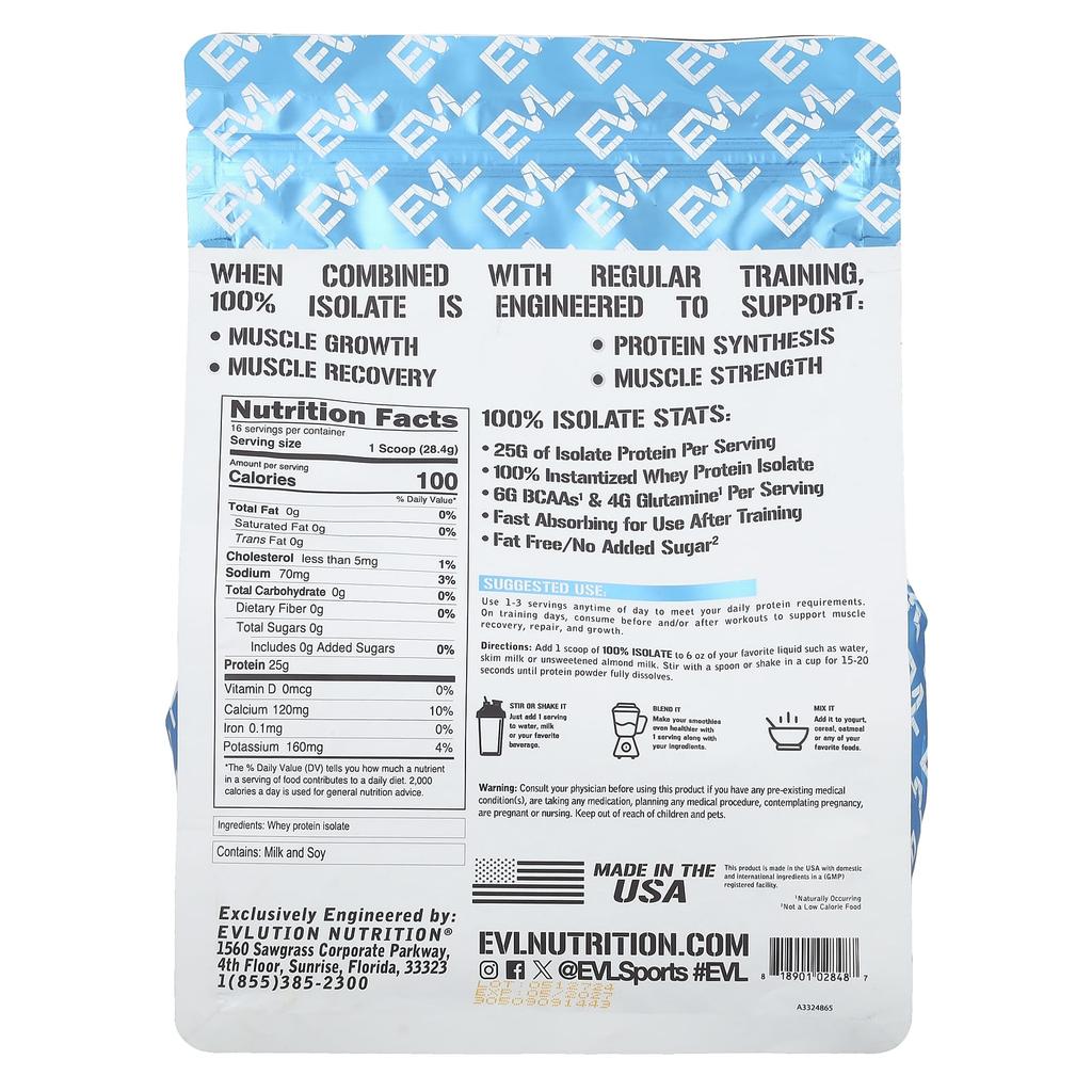 EVLution Nutrition 100% Protein Isolate, Unflavored, 1 Lb (454 G)