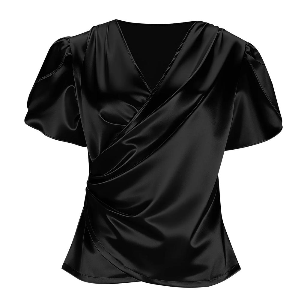 Women Fashion Cross V-neck Ruffled Short Sleeve Shirt Top