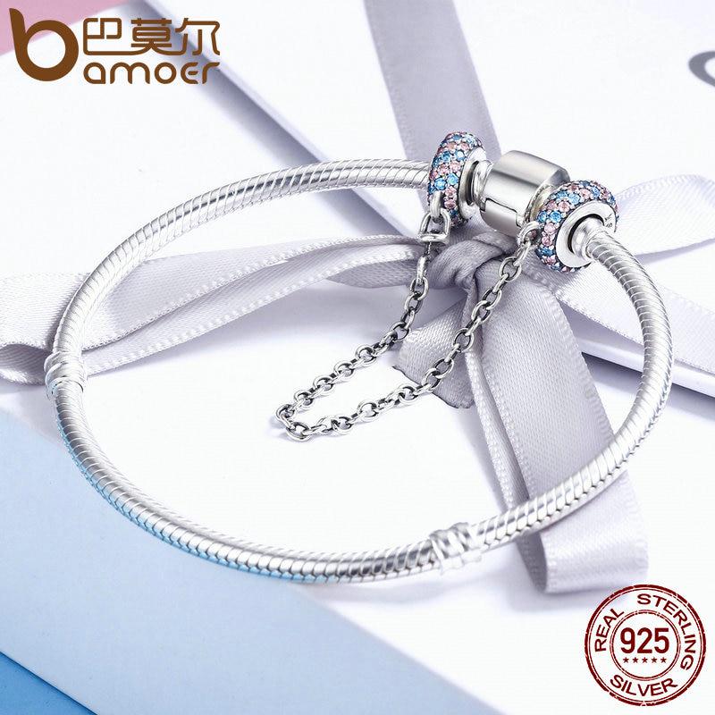 BAMOER Настоящее 100% Стерлинговое Серебро 925 пробы Розовый и Синий CZ Круглая Защитная Цепочка Подвеска Подходит Браслет