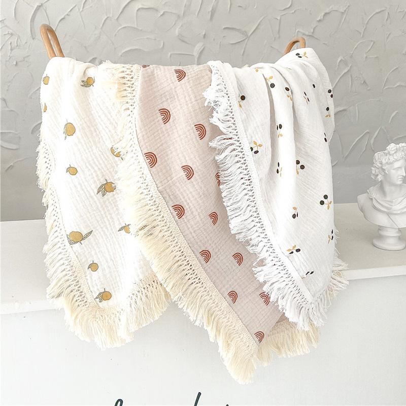 Муслиновые детские одеяла с кисточками, хлопковая пеленка для новорожденных, одеяло для получения подарка для новорожденных, постельное белье для детской коляски 100*120 см
