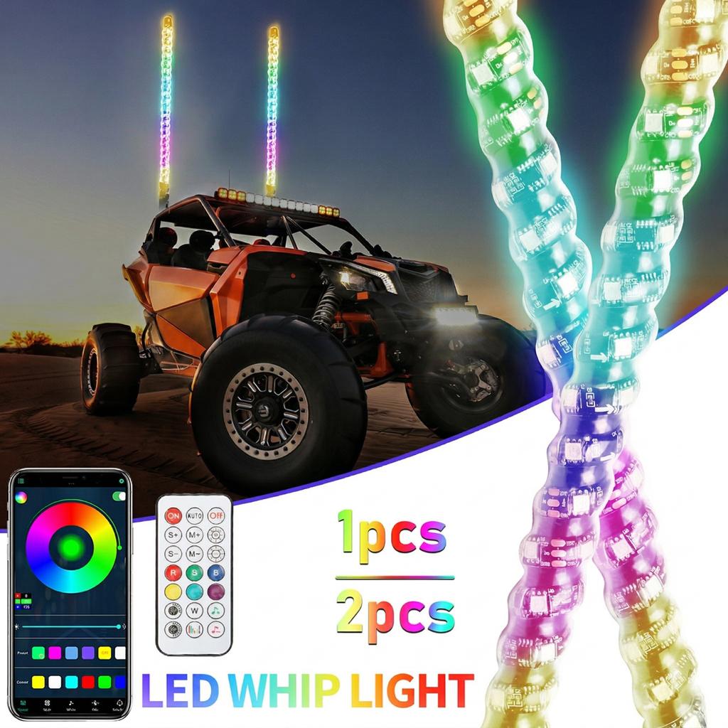2-Piece 2ft RGB LED Whip Lights with Flagpole App Remote Control 366 Modes 300 Patterns IP67 Waterproof 12-24V for UTV ATV Truck Boat Off-
