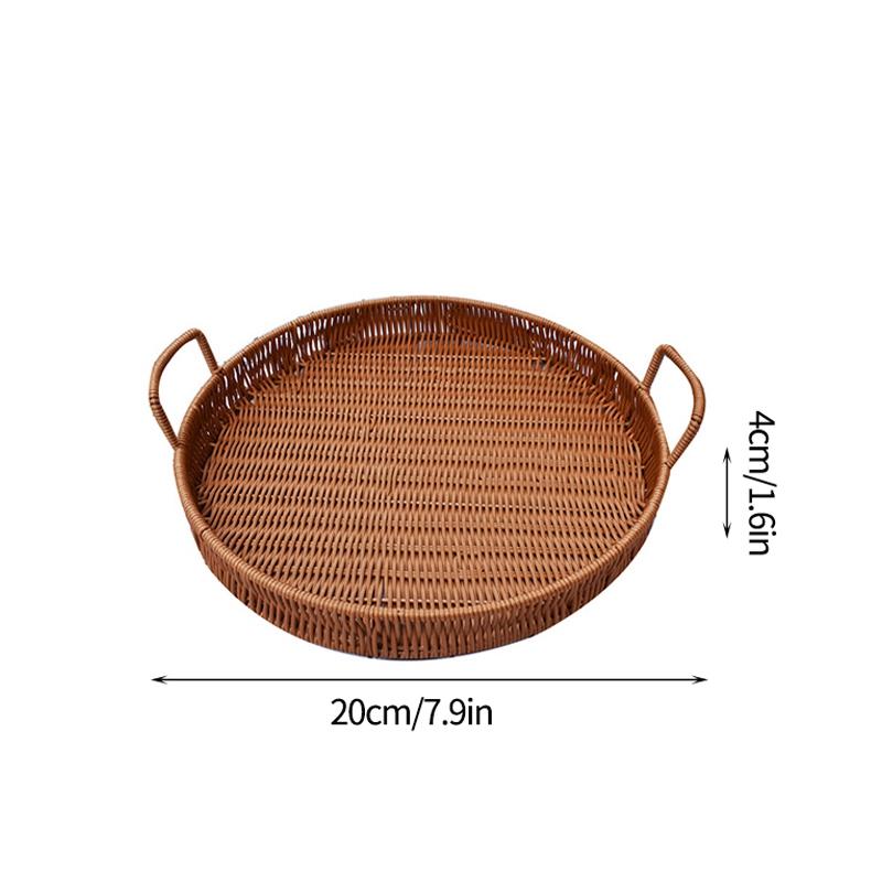 Storage Tray Round Rattan Woven Tray Fruit Breakfast Tea Storage Basket Desktop Sundries Organizer Bread Plates With Wood Handle