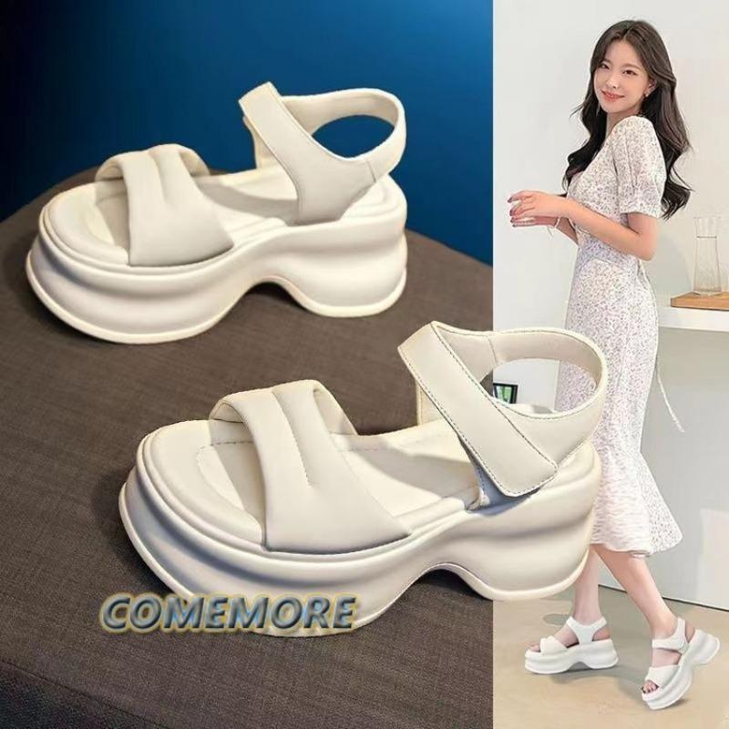 Модные летние повседневные туфли с открытым носком и толстой подошвой на платформе, женские сандалии в спортивном стиле, пляжные с круглым носком, нескользящие, 2024 г., белые