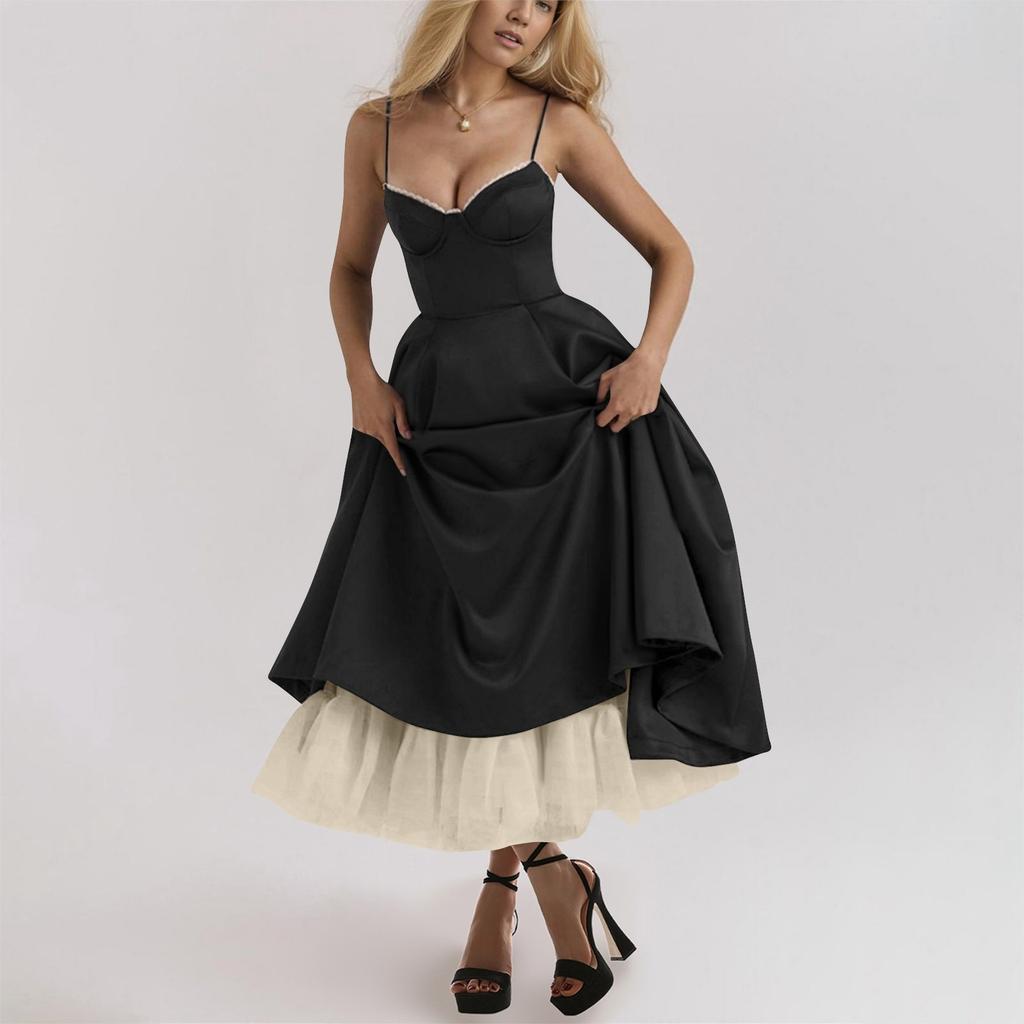 Женское модное однотонное платье принцессы с сеткой и двухслойным платьем на подтяжках