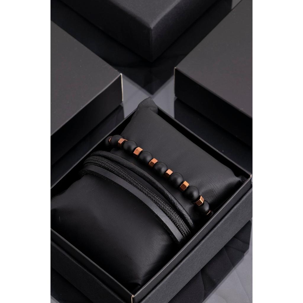 Мужской комбинированный браслет из черной натуральной кожи и гематита из натурального камня 001