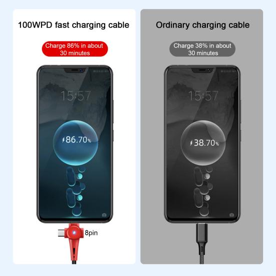 USB-кабель для зарядки 3-в-1, сверхбыстрая зарядка 100 Вт, выдвижной Т-образный со светодиодной подсветкой, кабель для передачи данных Type-C/Micro USB/8-контактный пружинный