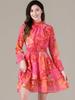 Allegra K Women's Floral Chiffon Dress, Flared A-Line Dress with Long Sleeves, Slimming Casual Style, Hot Pink, Size S