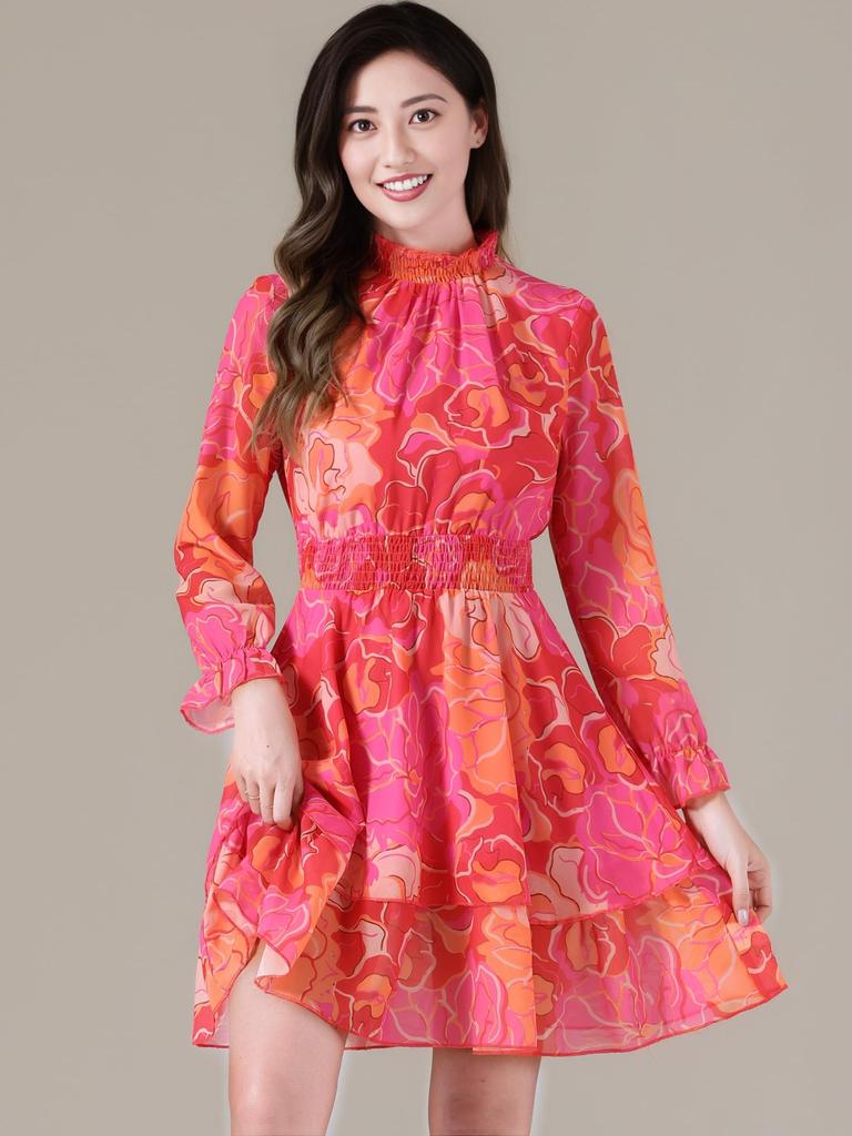 Allegra K Women's Floral Chiffon Dress, Flared A-Line Dress with Long Sleeves, Slimming Casual Style, Hot Pink, Size S