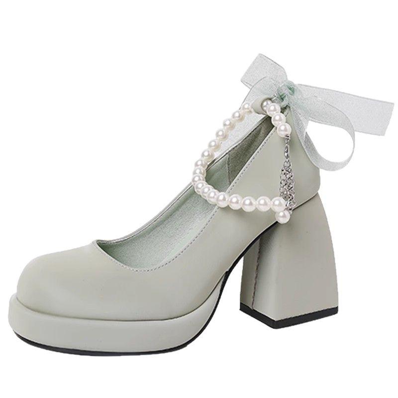 Туфли на высоком каблуке с толстым жемчужным каблуком женские весенние новинки 2025 года в стиле французской феи, простые, с увеличенным каблуком, туфли Мэри Джейн