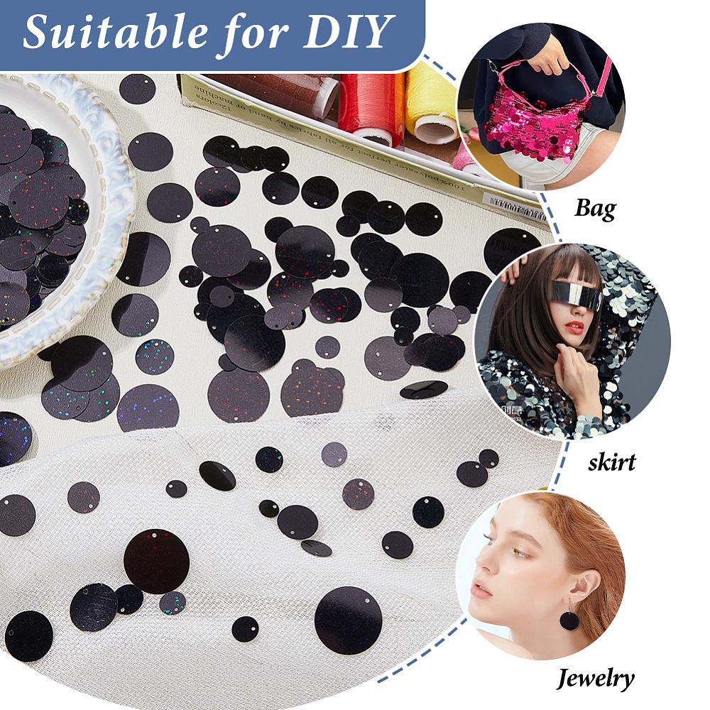 1set 1800pcs 6 Sgtyles PVC Plastic Paillette/Sequins Pendants Ornament Accessories Flat Round Black 8~25x0.2~0.3mm Hole: 1.2~1.4mm about 300pcs/style