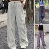 Women Cargo Pants Elastic High Waist Adjustable Drawstring Long Trousers Solid Color Wide Leg Multi Pockets