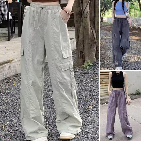 Брюки эластичные, с высокой талией, с регулируемым шнурком, длинные брюки, однотонные, широкие, с несколькими карманами