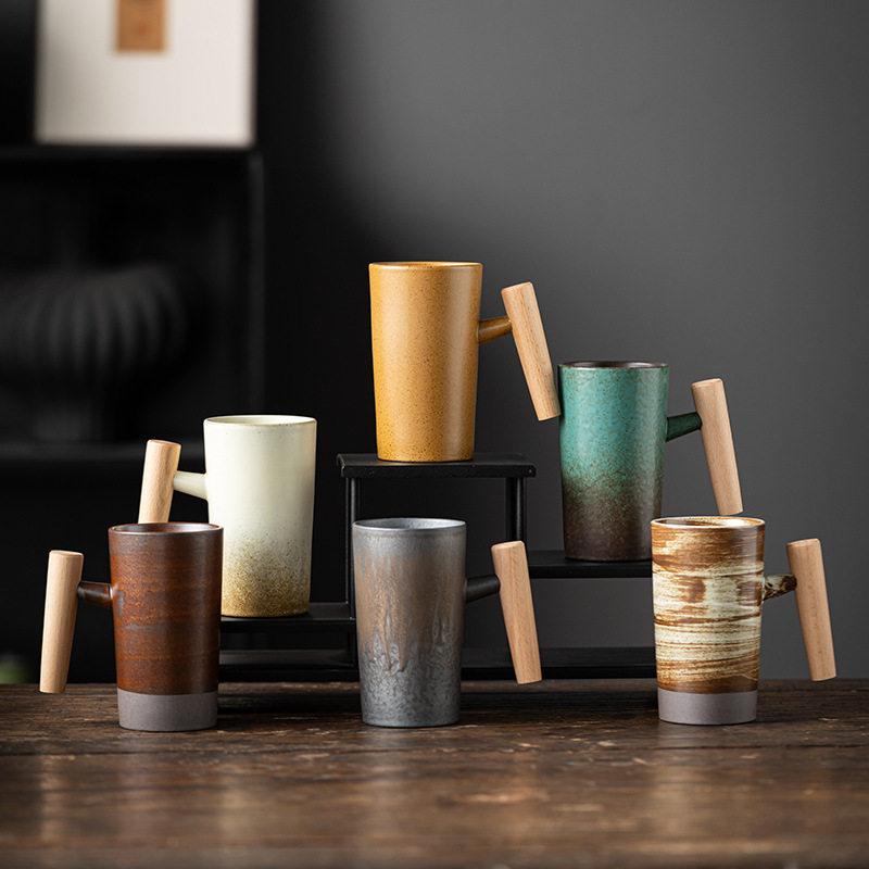 Ceramic Mug Wooden Handle Coffee Cup Vintage Kiln Variation Pottery Large Capacity Tea Water Cup for Home Office Kitchen