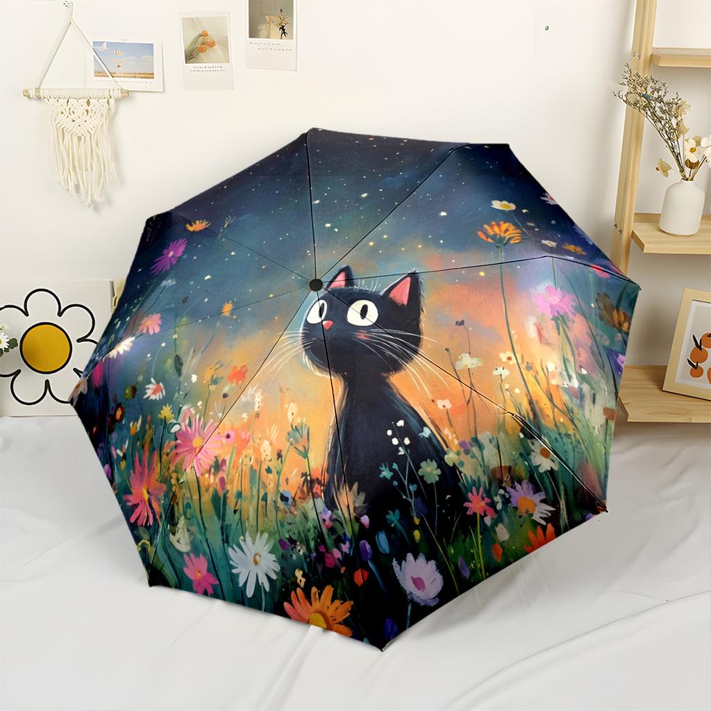 Night Cat Garden Dreams Portable Automatic Umbrella Folding Umbrella with 8 Ribs Lightweight for Women/Men Fashionable