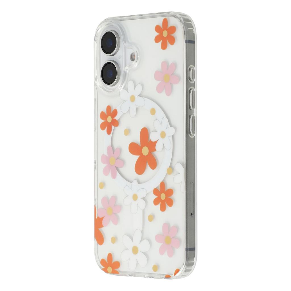 For iPhone 16 Magnetic Case IMD Flower Pattern TPU+PC Clear Back Phone Cover