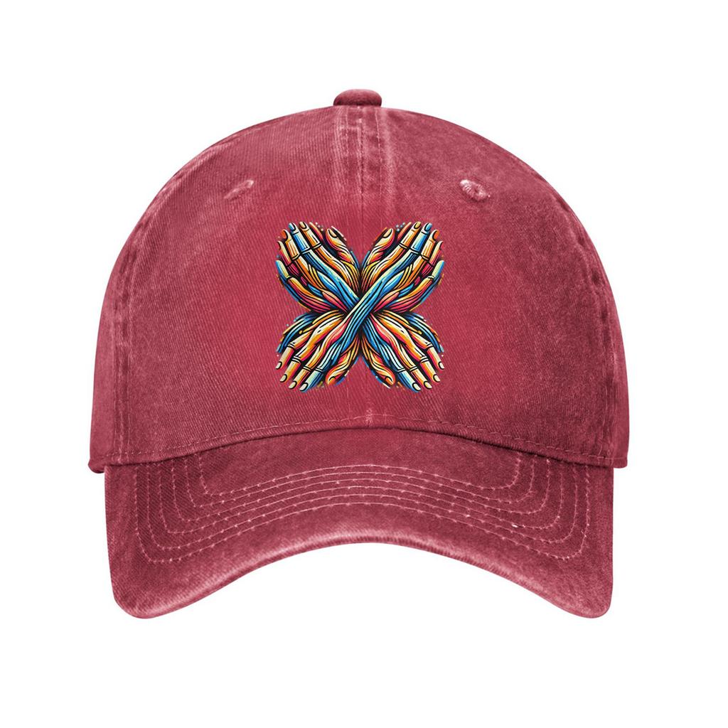 Colorful Intertwined Hands Butterfly Graphic Washed Denim Baseball Cap Unisex Casual Adjustable Dad Hat