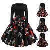 Women Chirstmas Dress Round Neck A-line Loose Hem Long Sleeve Mid Waist Cartoon Santa Claus Print Big Swing New Year Party Prom Midi Evening Dress