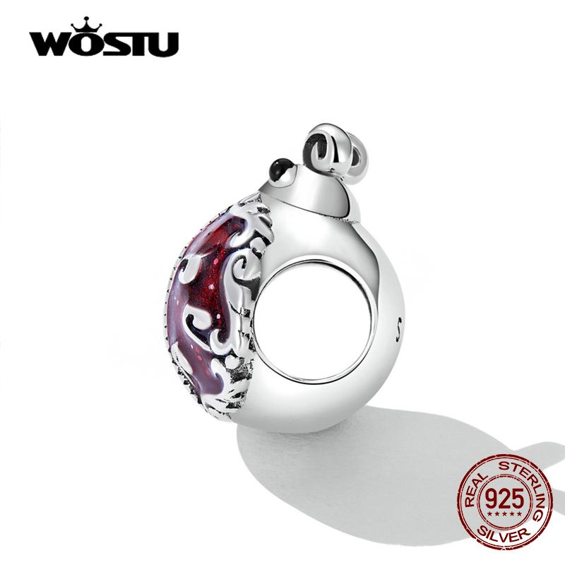 WOSTU Стерлингового серебра 925 пробы, изысканный темно-красный узор, божья коровка, насекомое, подвеска из бисера для оригинального браслета «сделай сам», ювелирное изделие, подарок для девочки