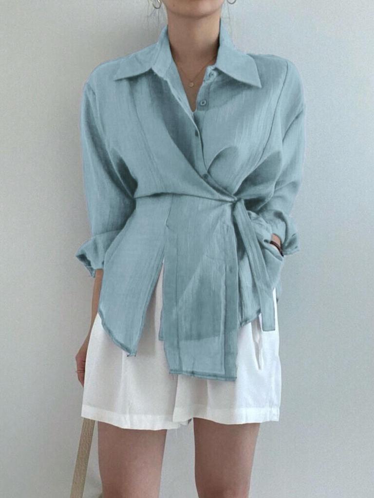 Свободная блузка с длинным рукавом, женская одежда, нерегулярная белая солнцезащитная рубашка, женские модные повседневные рубашки на пуговицах 2023, топы 15674