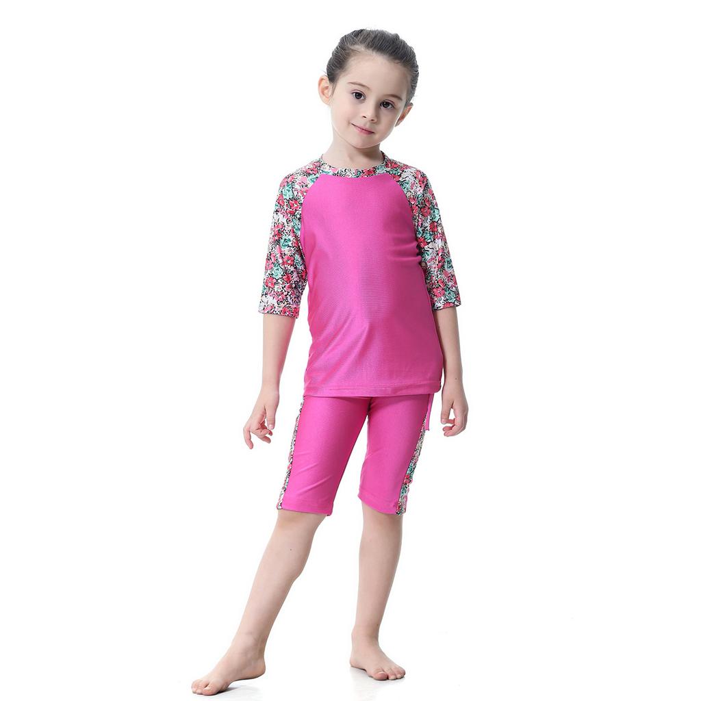 Three-Piece Swimsuit Girls Short Sleeve Print Floral Swimming Suit for Kids Swimwear Baby Children Swimming Bathing Suit with Cap