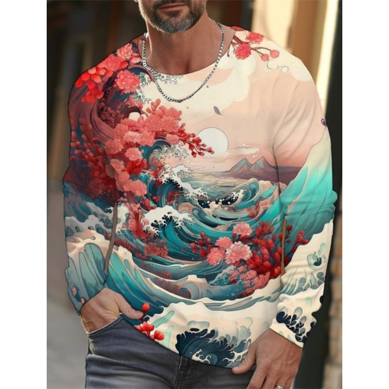 Новая мужская футболка с длинными рукавами Ukiyoe с 3D-печатью, высококачественный рисунок волн и кошек, мужской осенний повседневный топ с круглым вырезом