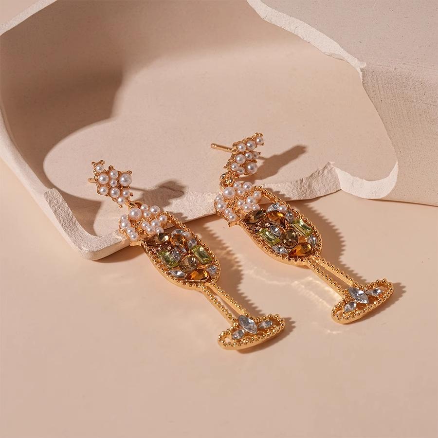 MUXCOR Hypoallergenic Needle Earrings for Women Trendy Diamond Pearl Wine Glass Design Earrings Gold Plated Alloy Jewelry