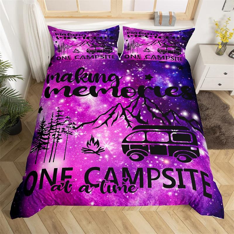 Пододеяльник для кемпинга из микрофибры Galaxy Stars Moon Happy Camping Одеяло для кемпинга Camper Truck Geometry Mountain Trees Комплект постельного белья