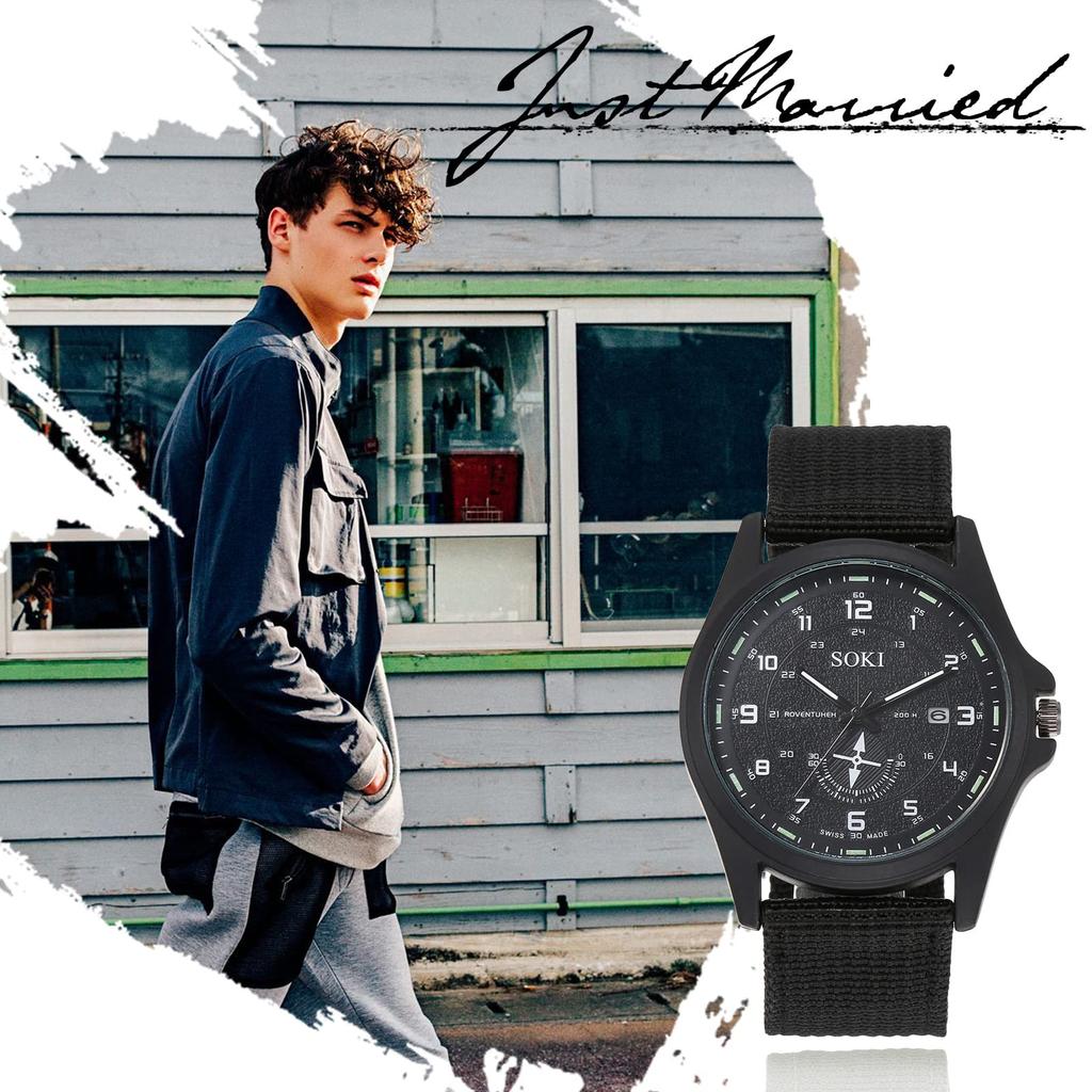 Strategy Military Calendar Analog Waterproof Nylon Strap Braided Large Dial Simulated Quartz Watch Fashion Watch Black Birthday Christmas Day Present