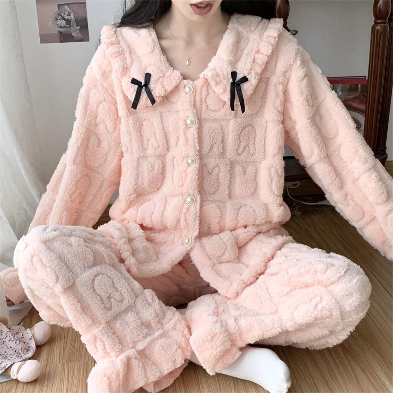 Милая пижама из кораллового флиса, теплая, осенне-зимняя, с длинными рукавами, кардиган, брюки, домашняя одежда, комплект из двух предметов, свободный покрой, повседневная ночная одежда