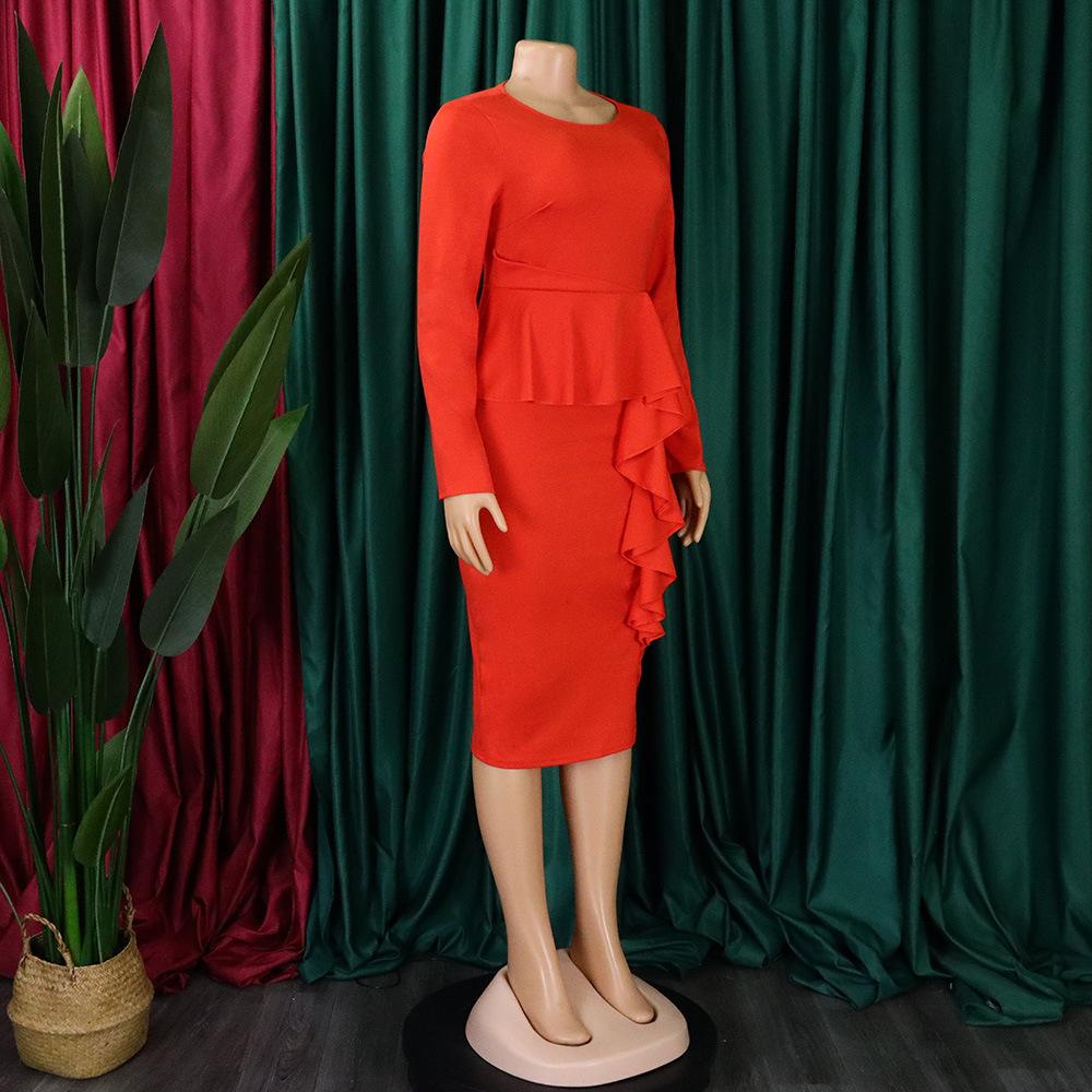 YYFS Women's Fashion Spring Fall Solid Color Print Long Sleeve O-Neck High Waist Casual Dresses