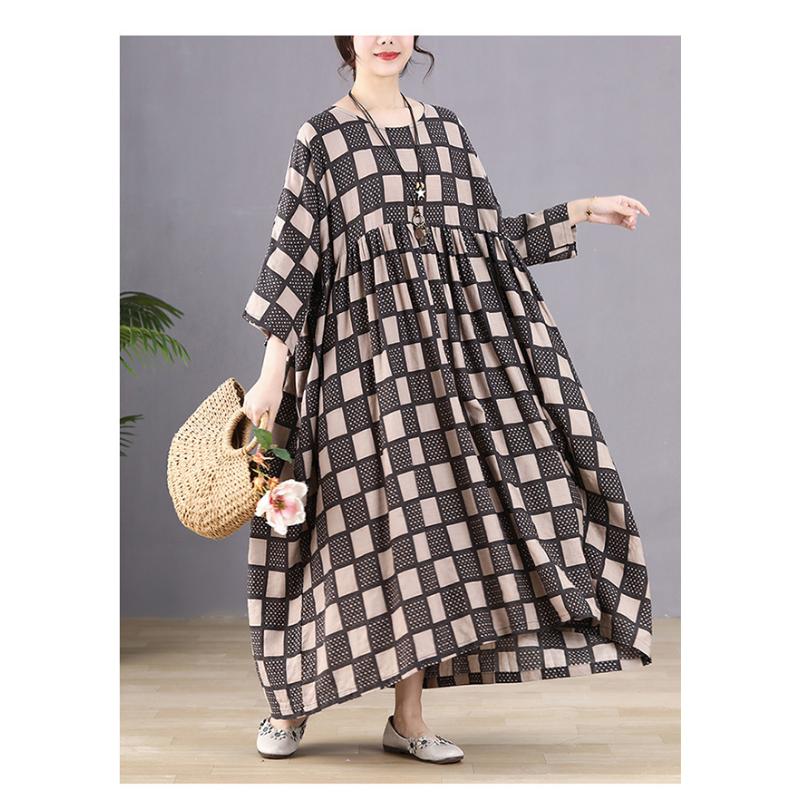 Dimanaf Женское платье больших размеров, новинка 2023 года, летнее стильное платье, свободное платье с длинным рукавом и круглым вырезом с цветочным принтом, зеленые льняные базовые платья