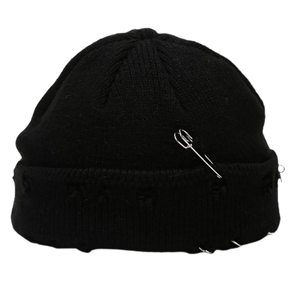 Casual Distressed Hole Female O-Ring Winter With Pins Knitted Hat Beanie Hat Warm Cap Solid Color
