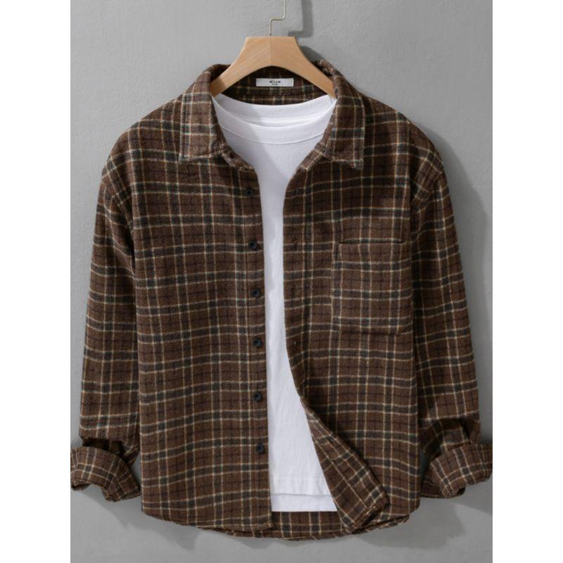 Autumn and Winter Brushed Woolen Gingham Men's Clothing Long Sleeve Shirt Coat Japanese-Style Retro Men Casual Shirt Thickened New