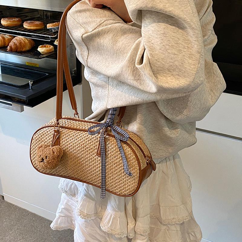 Yogodlns Весенняя новая простая летняя пляжная сумка через плечо с бантом для поездок на работу и отдыха, универсальная плетеная соломенная сумка подмышкой для женщин