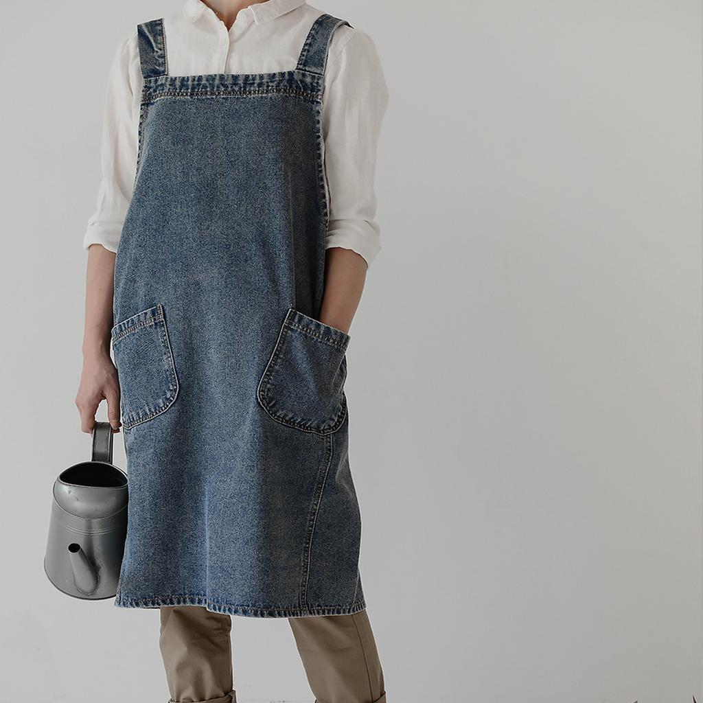 Джинсовый кухонный фартук для женщин, моющийся в воде, хлопковый джинсовый фартук с полной защитой, фартук для готовки, регулируемая длина веревки