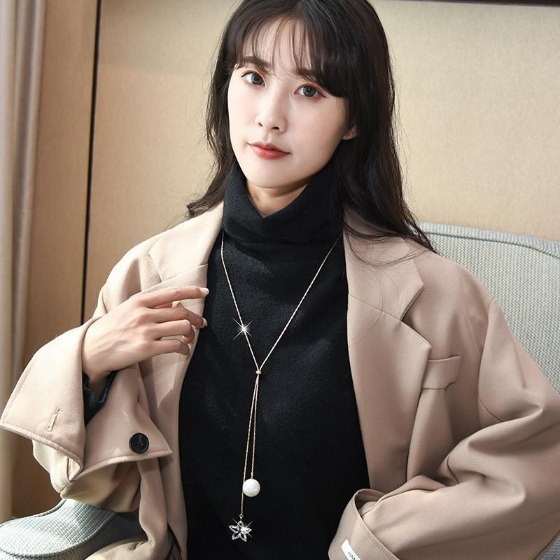 Модное ожерелье на длинной цепочке с кулоном в форме звезды и жемчугом, сверкающий дизайн