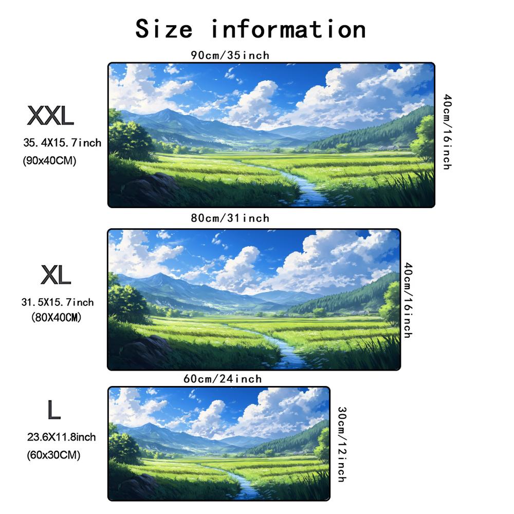 Anime Scenery Gaming Mouse Pad 90x40cm HD Printing Cartoon Green Mountain Non-Slip Rubber Desk Mat with Locking Edge for Office