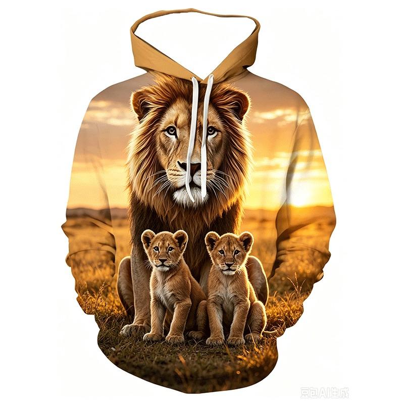 Casual Long Sleeve Hoodie for Men Featuring a 3D Design of a Sacred Lion And a Young Lion, Complete with a Pocket. Spring and Autumn