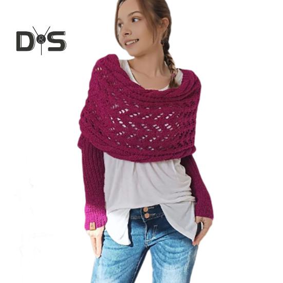 Knitted Cable Wrap Scarf with Sleeves Soft Bohemian Style Shawl Scarf Hollow Crochet Pattern Cross Wrap Scarf Sweater Wrap