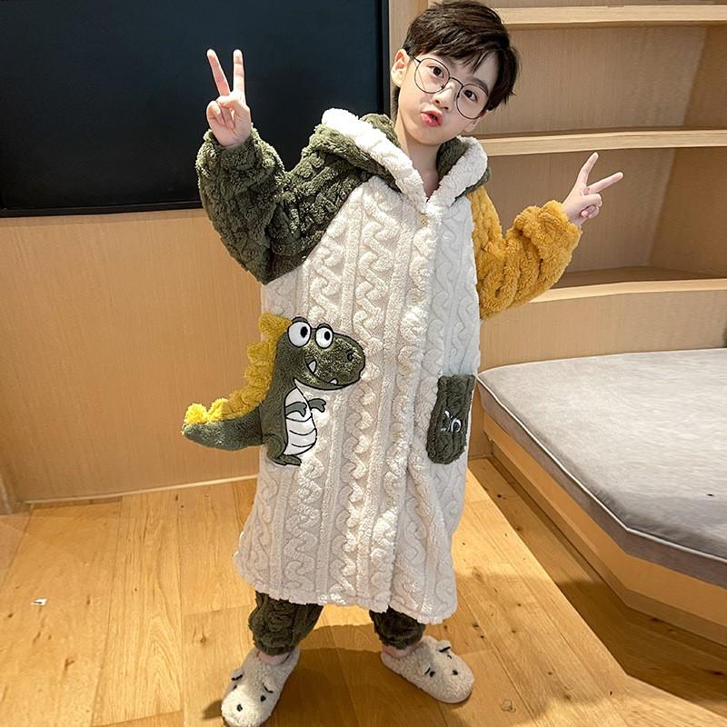 Boys Winter Warm Coral Fleece Pajama Set With Hooded Robe Thick Flannel Sleepwear Kids 8-14 Years