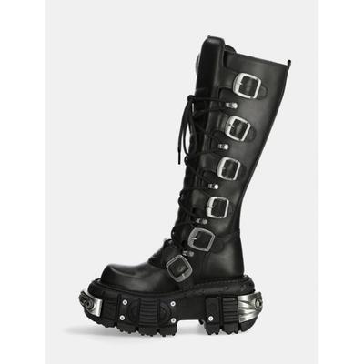 Модные металлические ботинки до колена с квадратным носком для женщин, черные из искусственной кожи, панк, длинные ботинки, женские, осенние, на массивном каблуке, мотоциклетные ботильоны