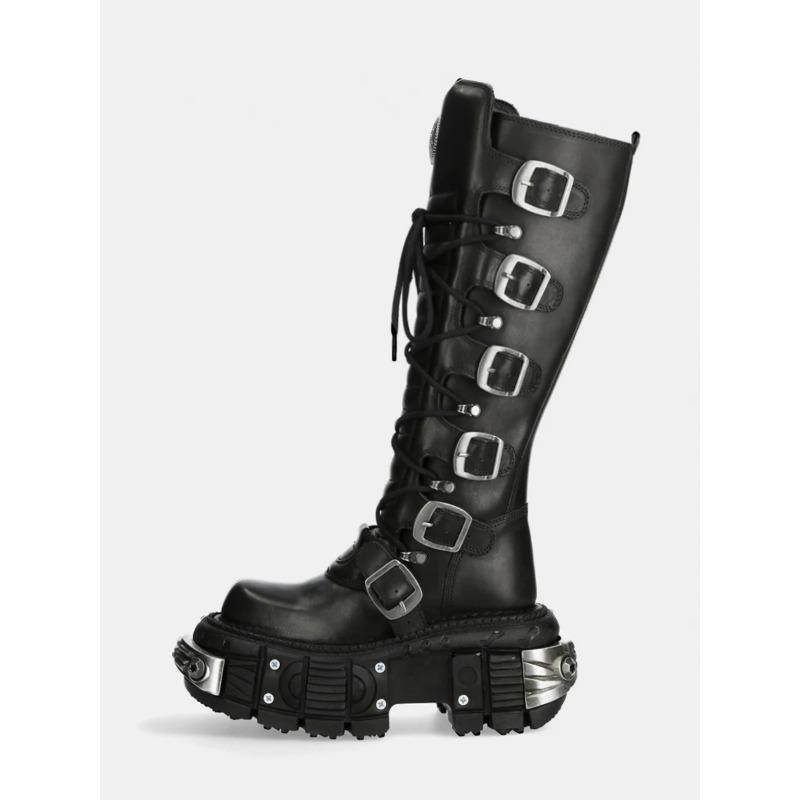 Модные металлические ботинки до колена с квадратным носком для женщин, черные из искусственной кожи, панк, длинные ботинки, женские, осенние, на массивном каблуке, мотоциклетные ботильоны