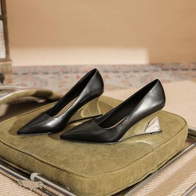 75001 [овчина] туфли на высоком каблуке женские на танкетке весна 2025 новая модель с острым носком темперамент ретро повседневная обувь