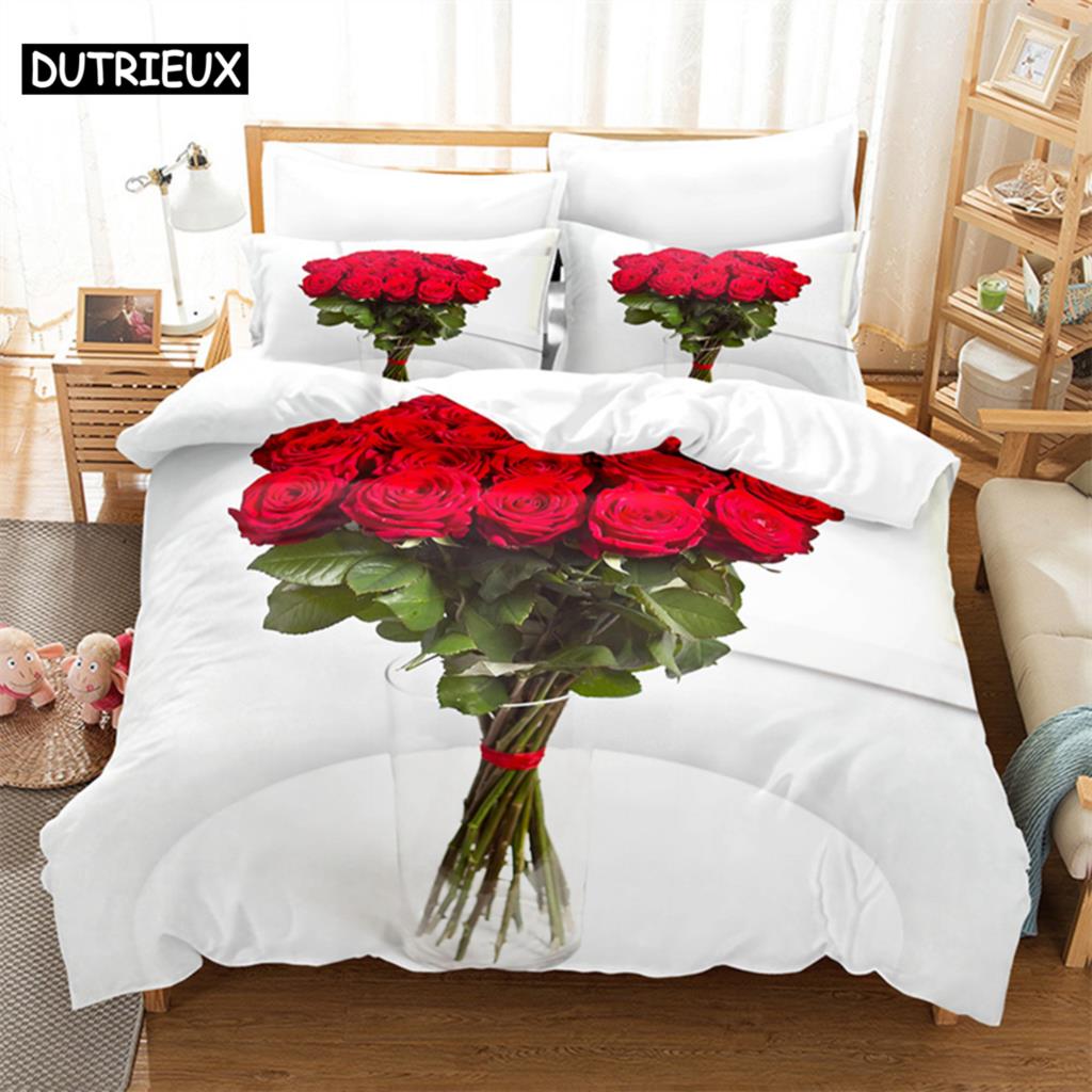 3D Принт Красной Розы - 3 предмета Комплект Пододеяльников, Доступен в размерах Кинг, Квин, Двуспальный, Односпальный и Двойной