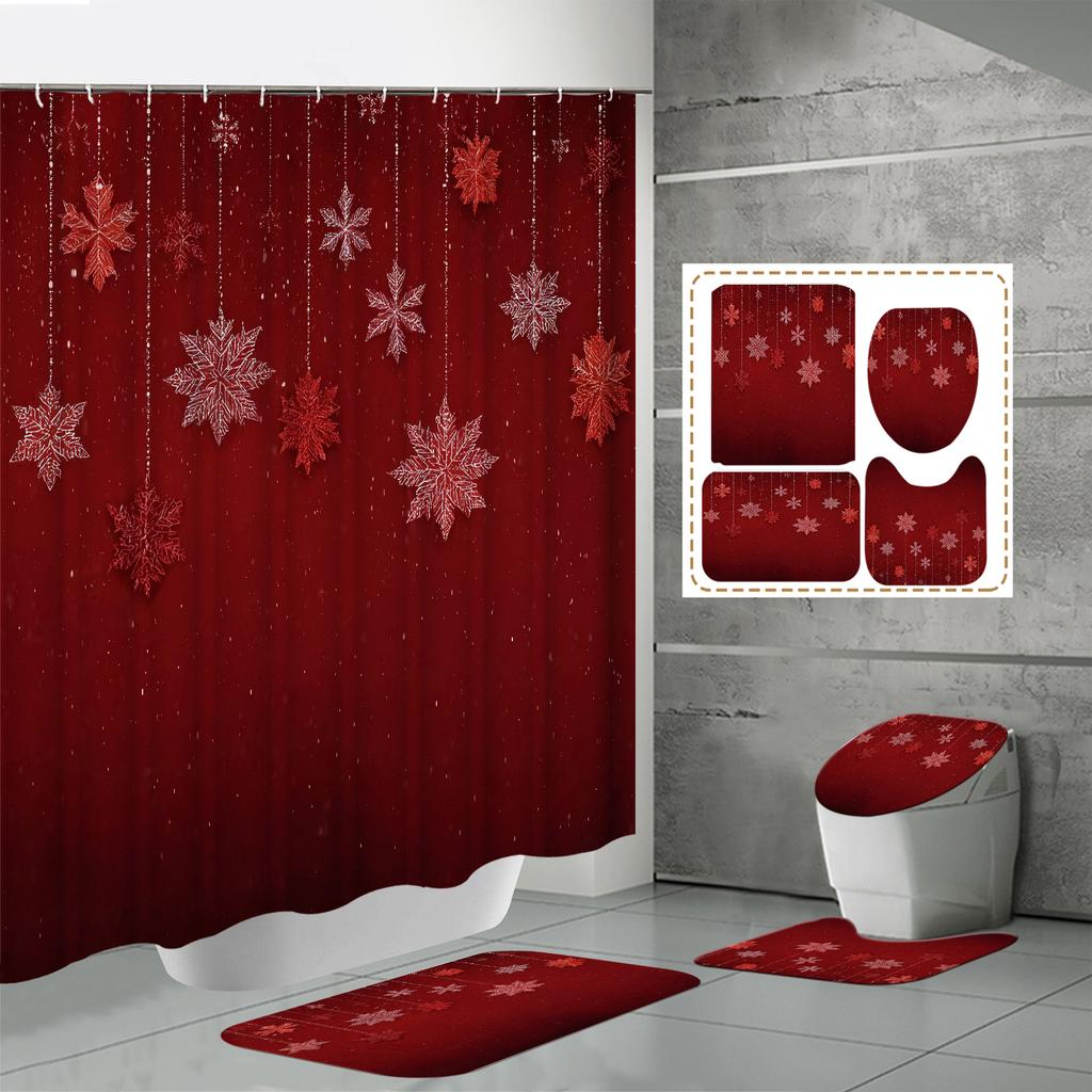 4PCS Shower Curtain Sets With Shower Curtain And Rugs Toilet Lid Rug U Shape Mat And Bath Mat Bathroom Set With 12 Hooks